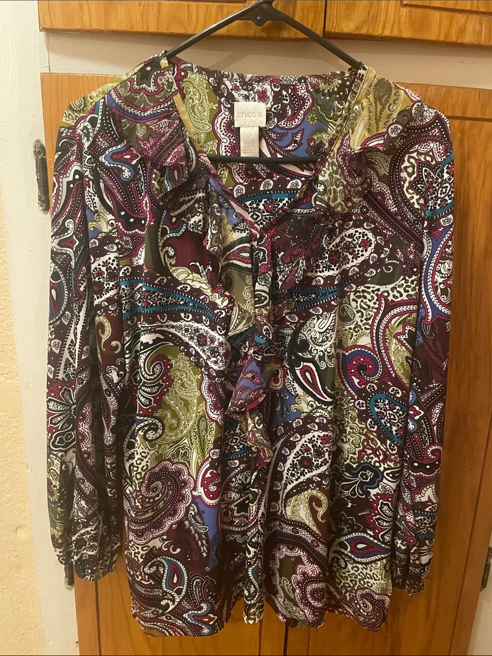 Chico's Multicolor Paisley Tie-Front Blouse - Burgundy, Olive, Blue, Cream